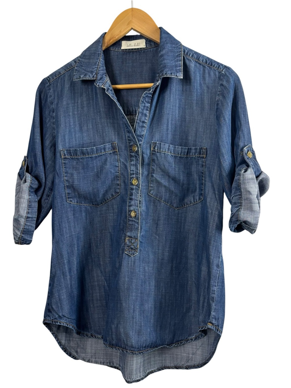 Bella Dahl Chambray Tencel Denim Pullover Button Front 3/4 Sleeves Roll Tab S.